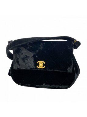 Chanel Shoulder Bag Quilted Brilliant Velour Black Gold